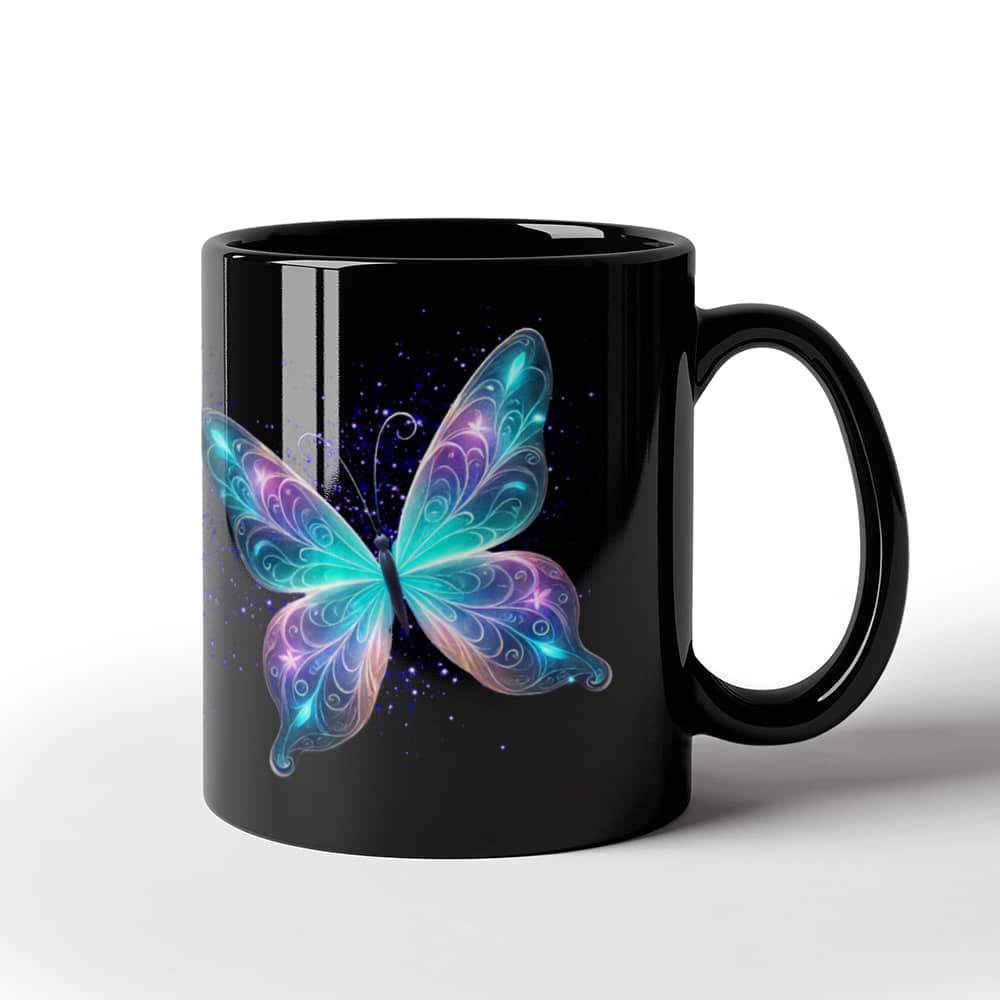 Ethereal Glow Butterfly Duo with Magical Sparkles | Black Ceramic Mug