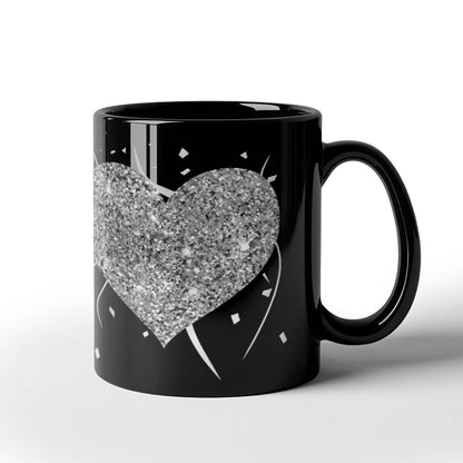 Glittering Silver Hearts with Festive Flair |  Black Ceramic Mug