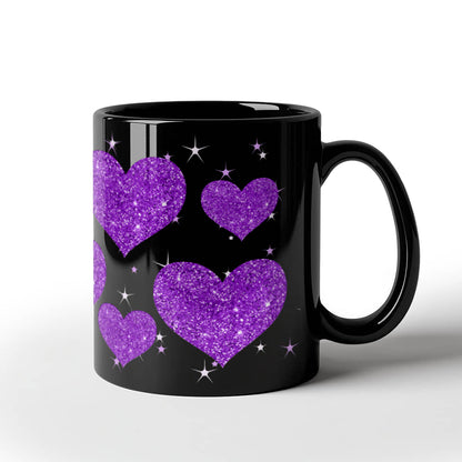 Sparkling Purple Glitter Heart Design | Black Ceramic Mug