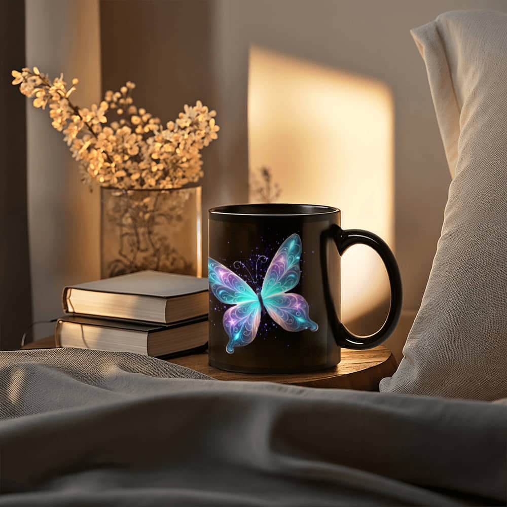 Ethereal Glow Butterfly Duo with Magical Sparkles | Black Ceramic Mug