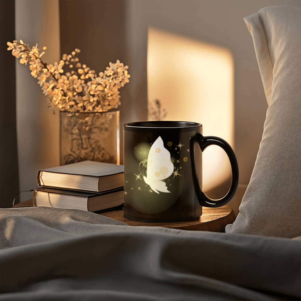 Golden Glow Butterfly Artwork for a Radiant Touch | Black Ceramic Mug