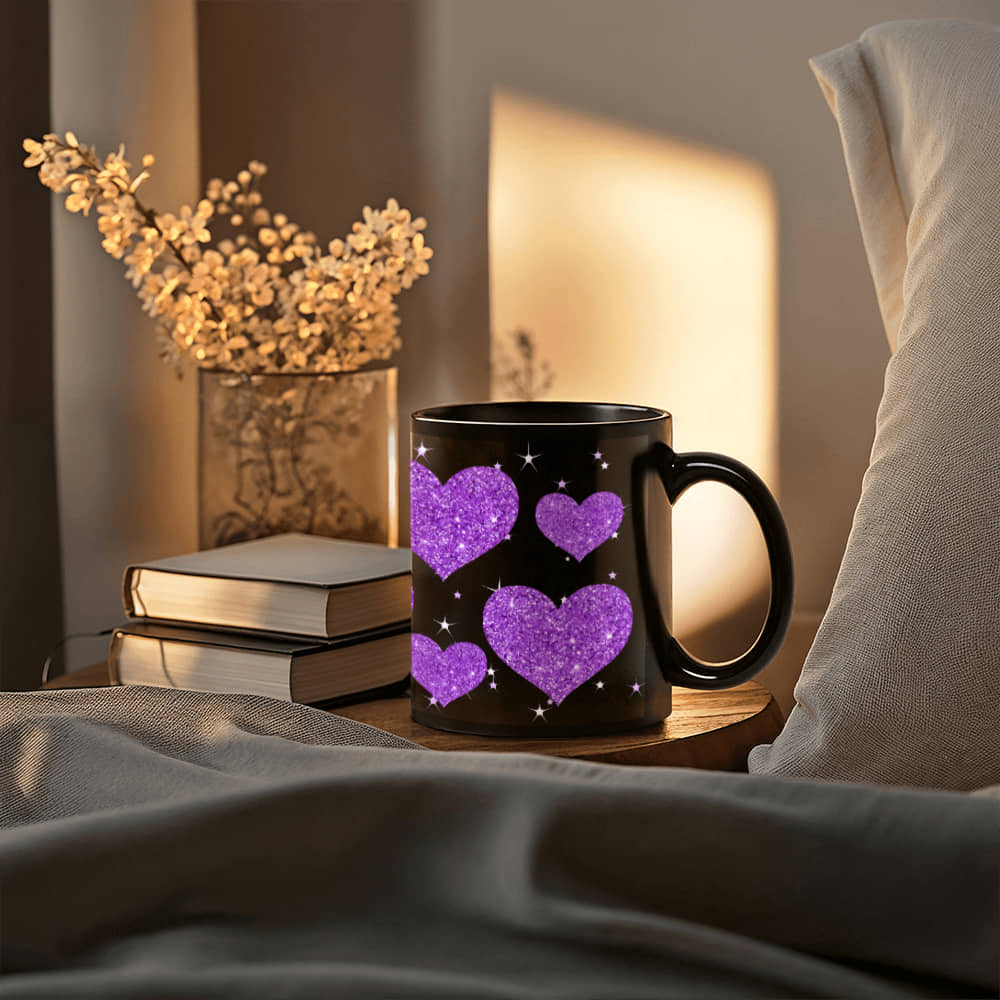 Sparkling Purple Glitter Heart Design | Black Ceramic Mug