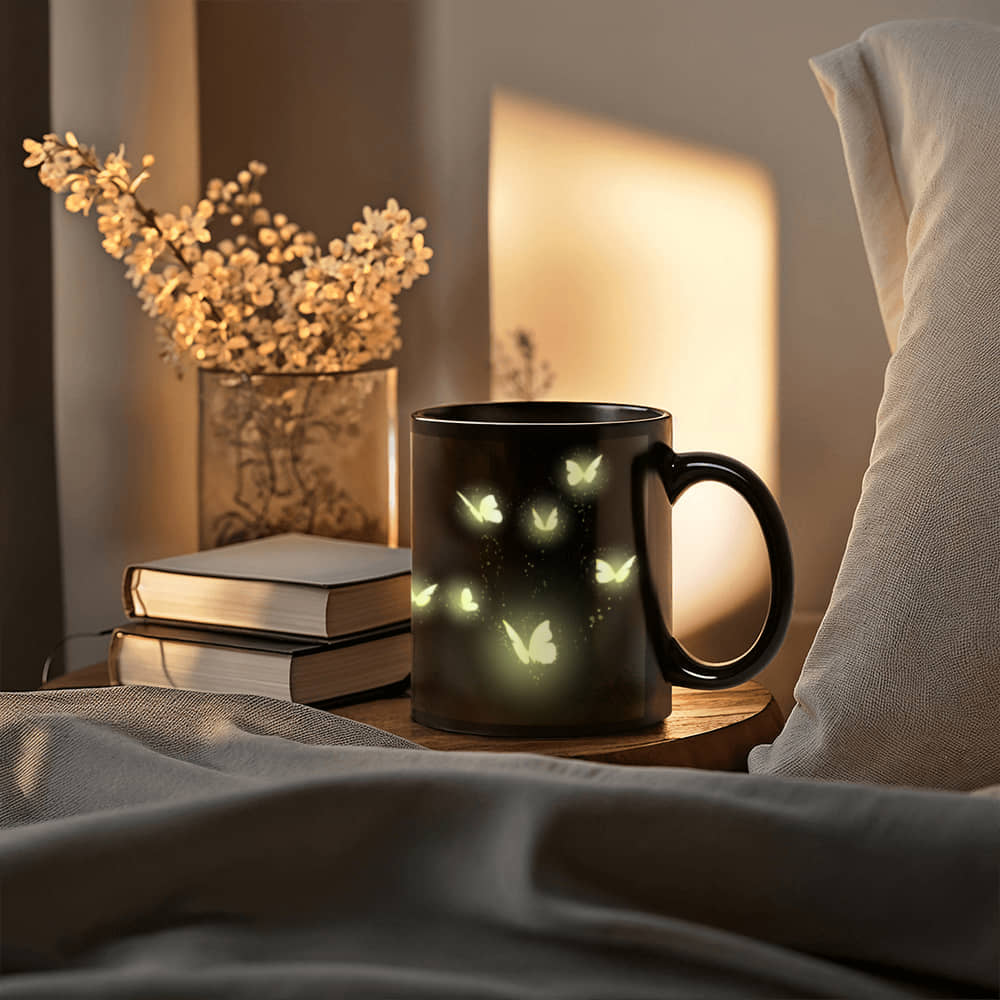 Radiant Glow Butterfly Art for a Magical Touch | Black Ceramic Mug