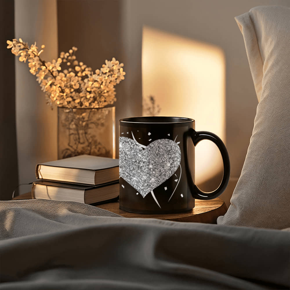 Glittering Silver Hearts with Festive Flair |  Black Ceramic Mug