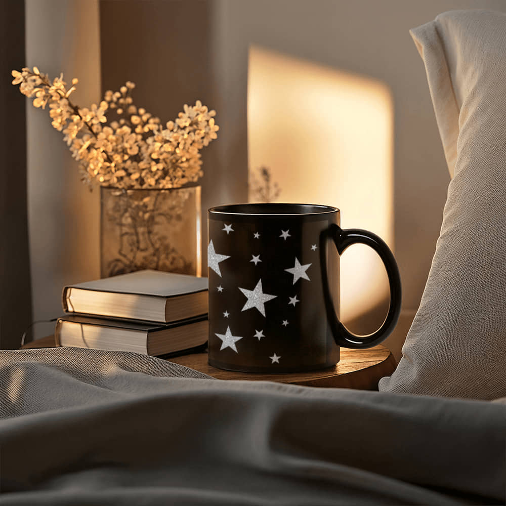 Silver Glitter Starburst Design for a Dazzling Effect | Black Ceramic Mug