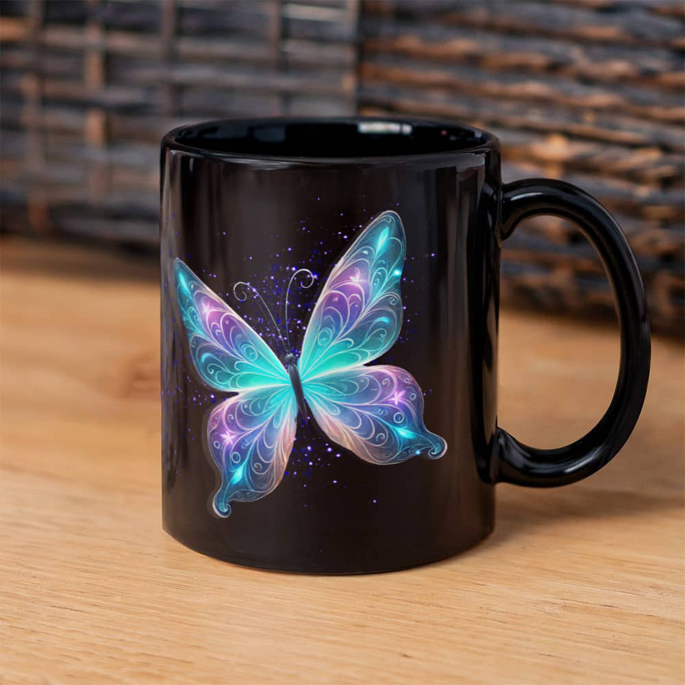 Ethereal Glow Butterfly Duo with Magical Sparkles | Black Ceramic Mug