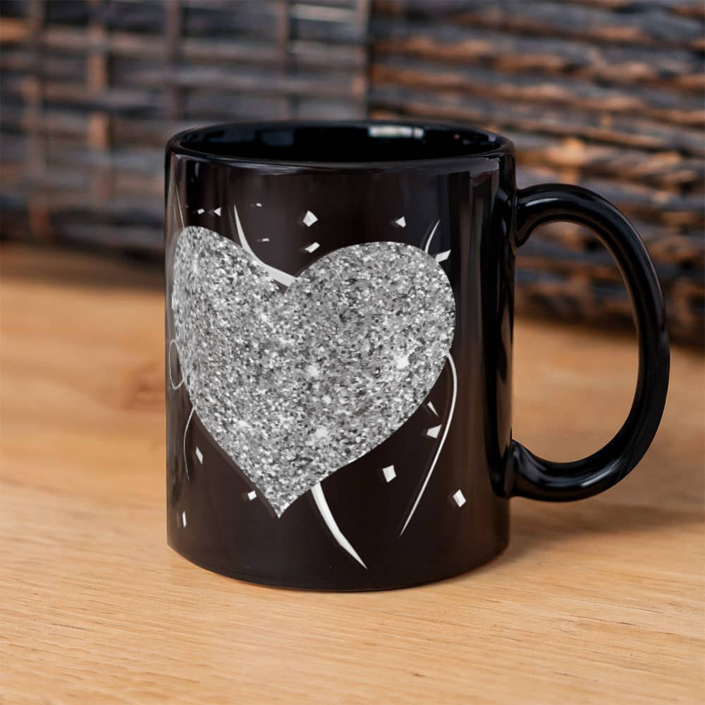 Glittering Silver Hearts with Festive Flair |  Black Ceramic Mug