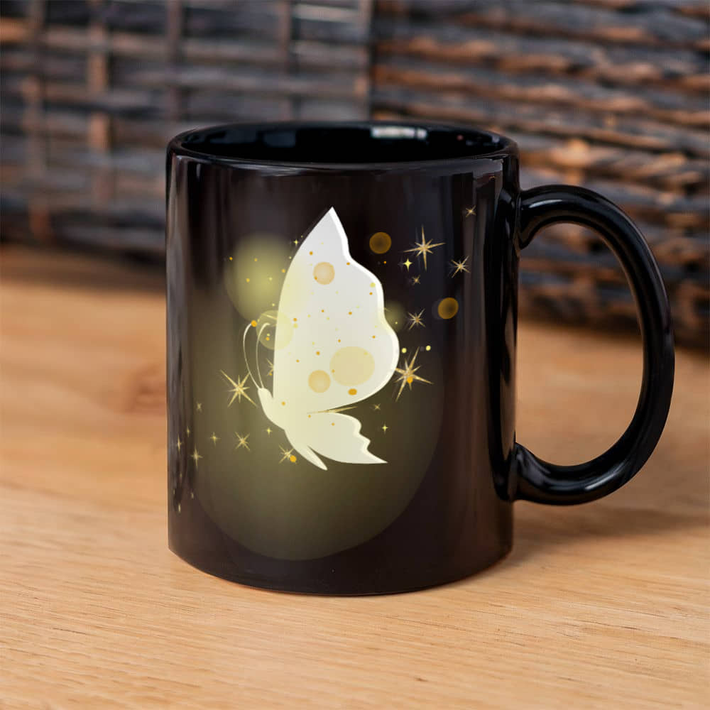 Golden Glow Butterfly Artwork for a Radiant Touch | Black Ceramic Mug