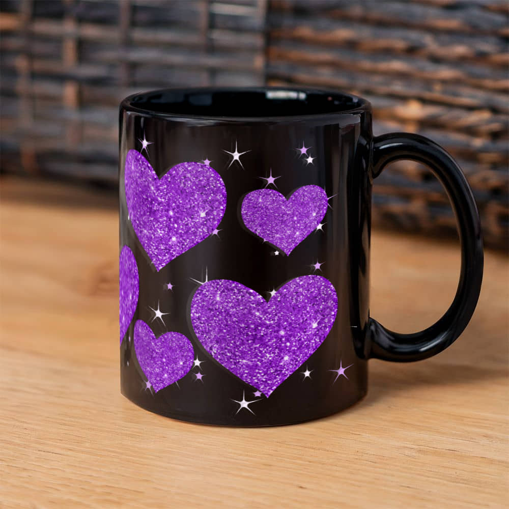 Sparkling Purple Glitter Heart Design | Black Ceramic Mug