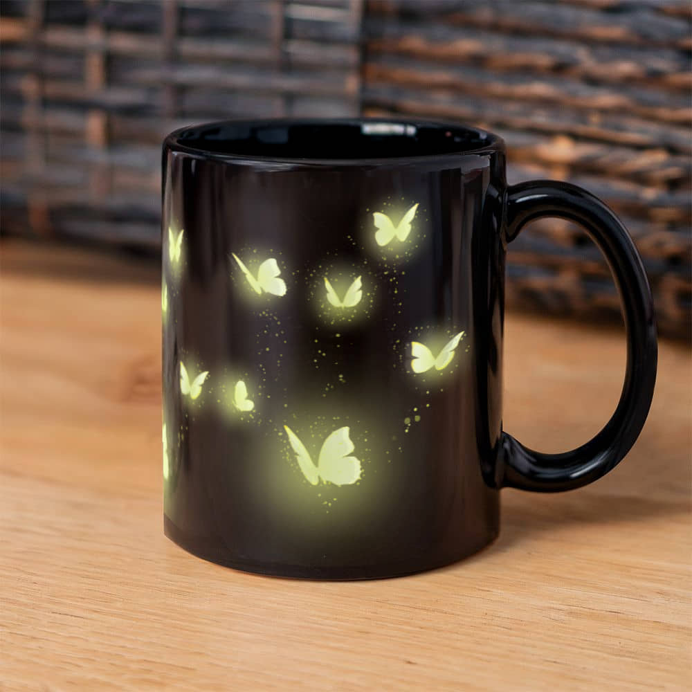 Radiant Glow Butterfly Art for a Magical Touch | Black Ceramic Mug