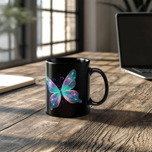 Ethereal Glow Butterfly Duo with Magical Sparkles | Black Ceramic Mug