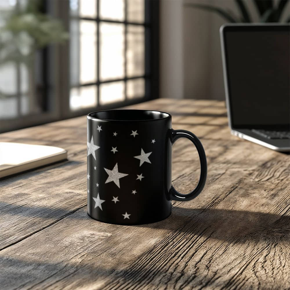 Silver Glitter Starburst Design for a Dazzling Effect | Black Ceramic Mug