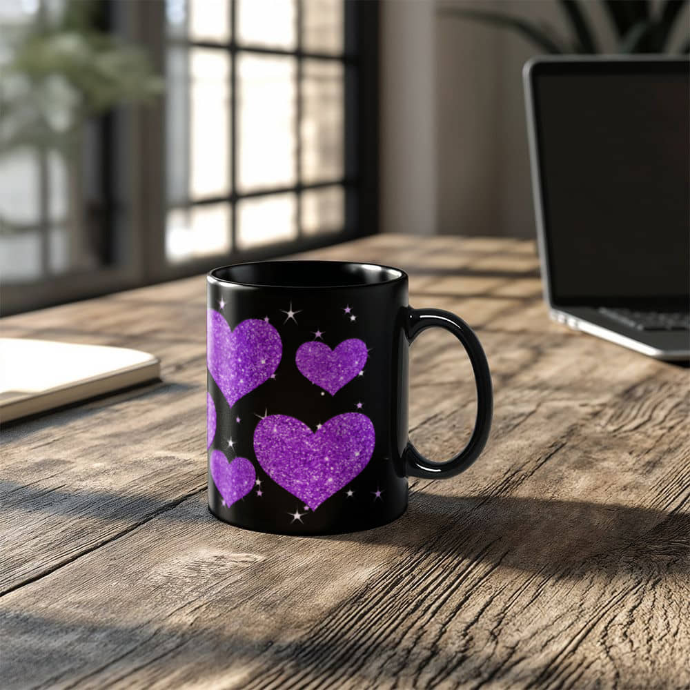 Sparkling Purple Glitter Heart Design | Black Ceramic Mug