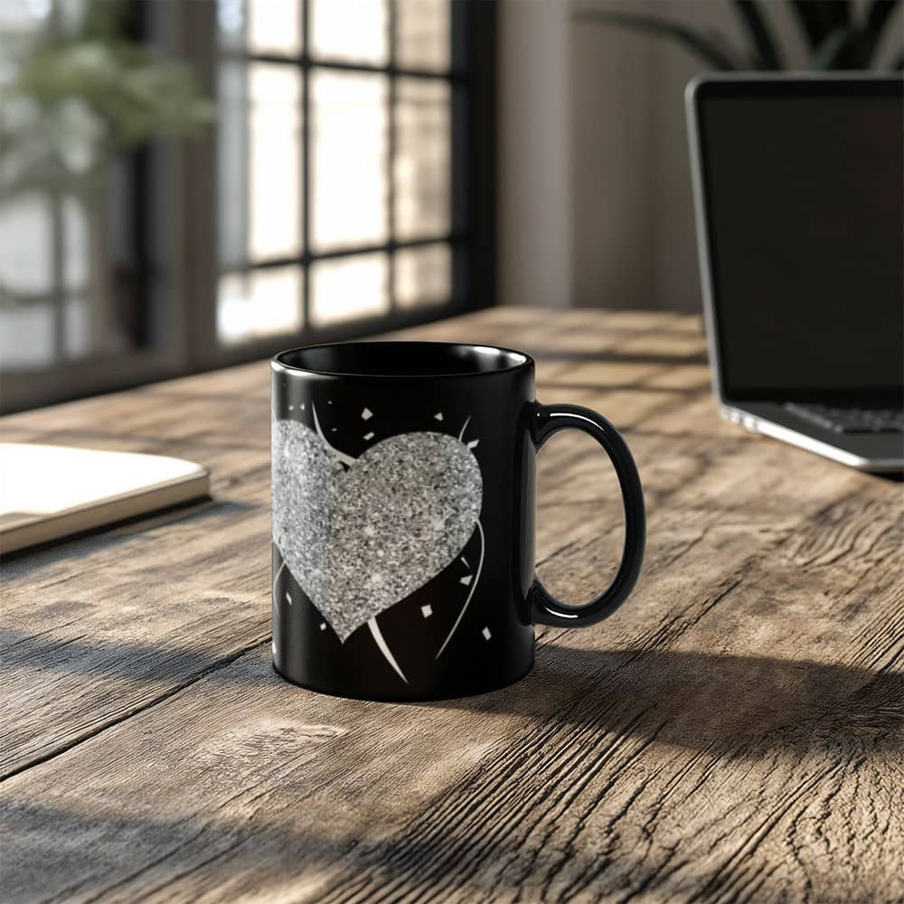 Glittering Silver Hearts with Festive Flair |  Black Ceramic Mug