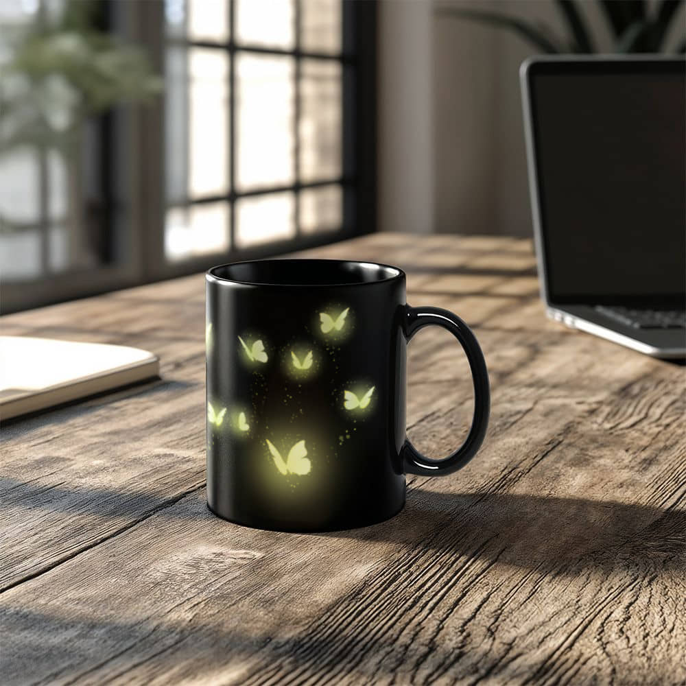 Radiant Glow Butterfly Art for a Magical Touch | Black Ceramic Mug