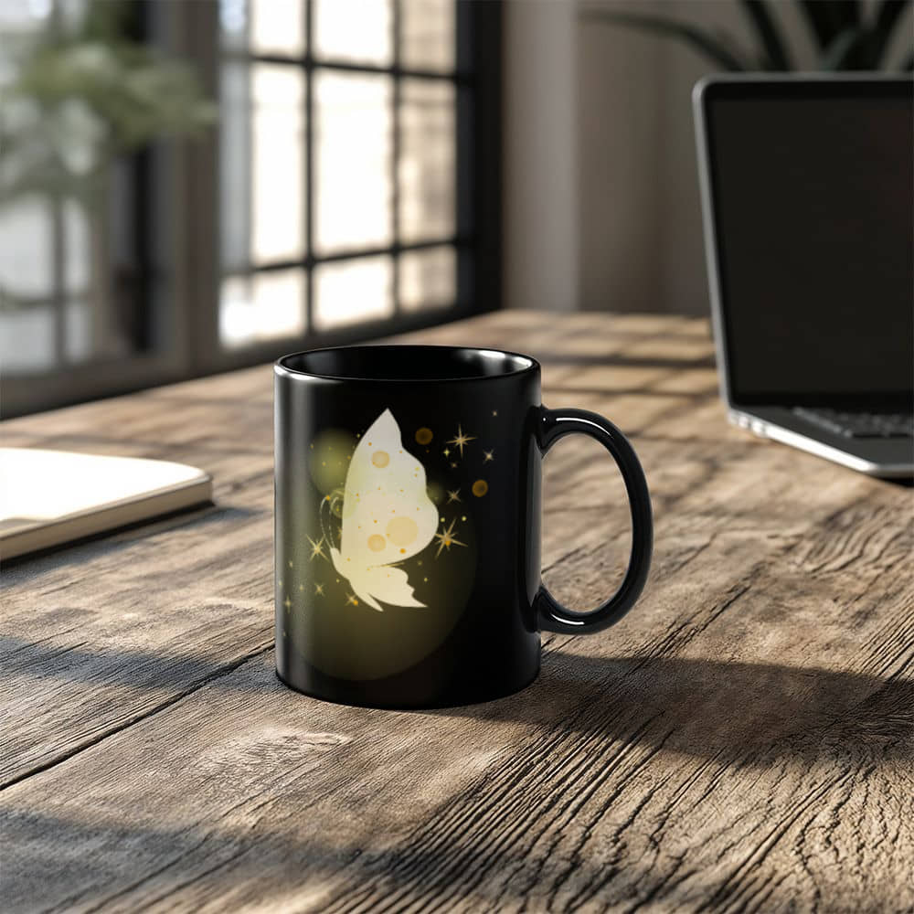 Golden Glow Butterfly Artwork for a Radiant Touch | Black Ceramic Mug