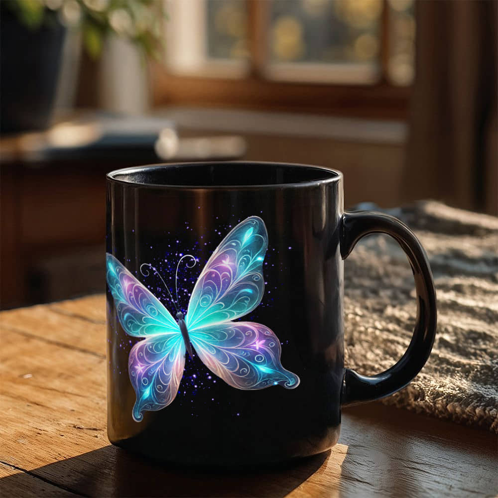 Ethereal Glow Butterfly Duo with Magical Sparkles | Black Ceramic Mug