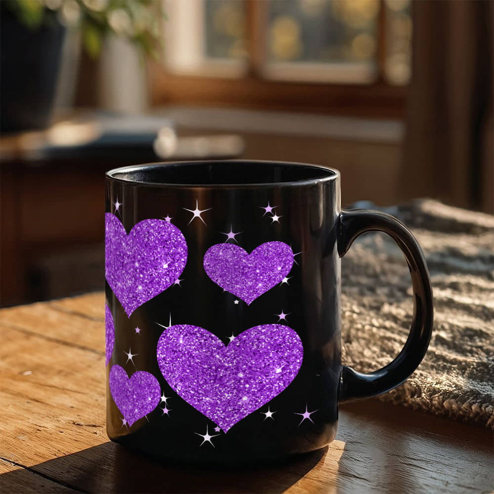 Sparkling Purple Glitter Heart Design | Black Ceramic Mug