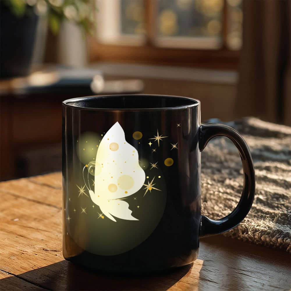 Golden Glow Butterfly Artwork for a Radiant Touch | Black Ceramic Mug