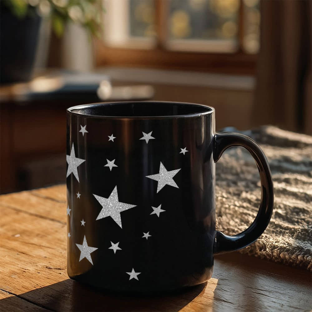 Silver Glitter Starburst Design for a Dazzling Effect | Black Ceramic Mug