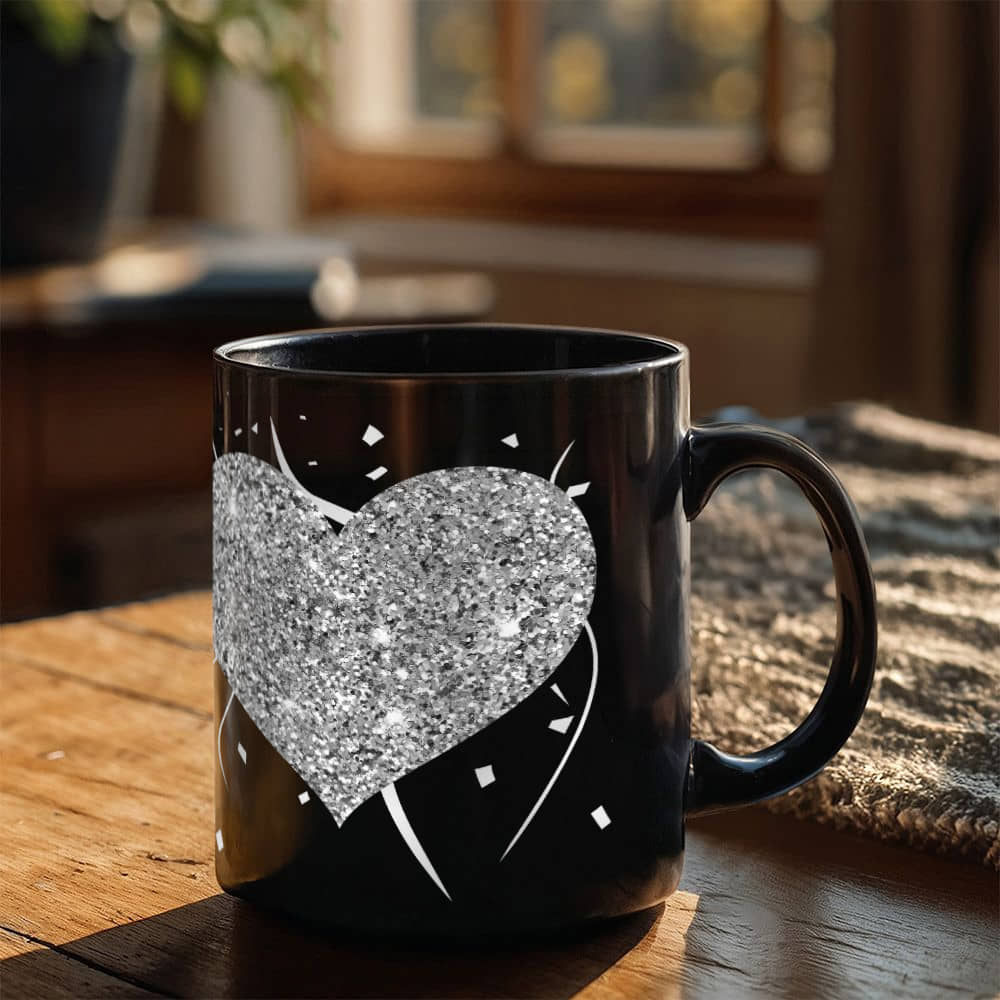 Glittering Silver Hearts with Festive Flair |  Black Ceramic Mug